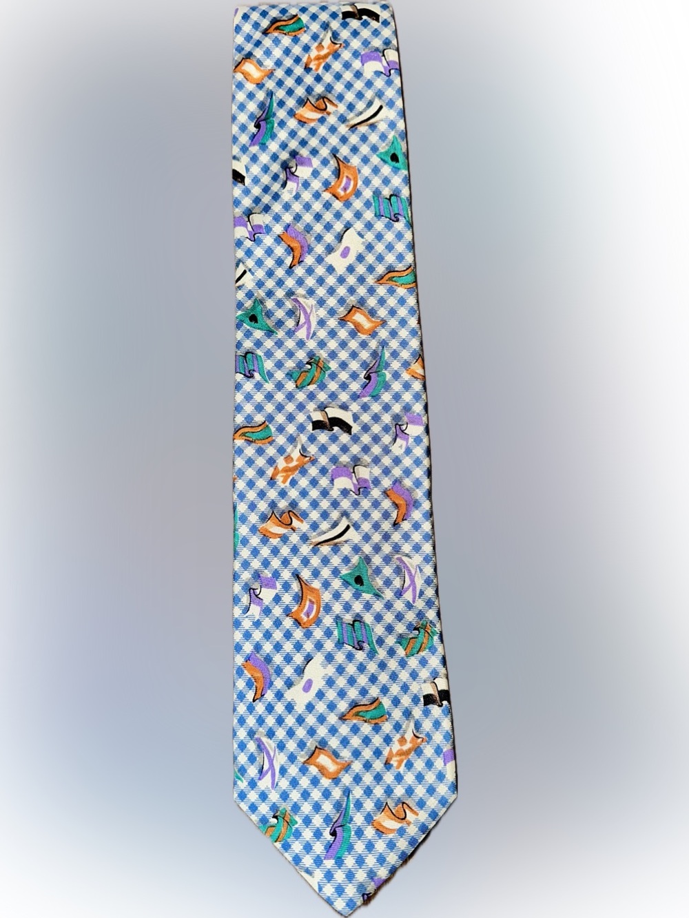 Lands' End Light Blue Gingham Tie with Multicolor Flag Motif - Hand Sewn in USA